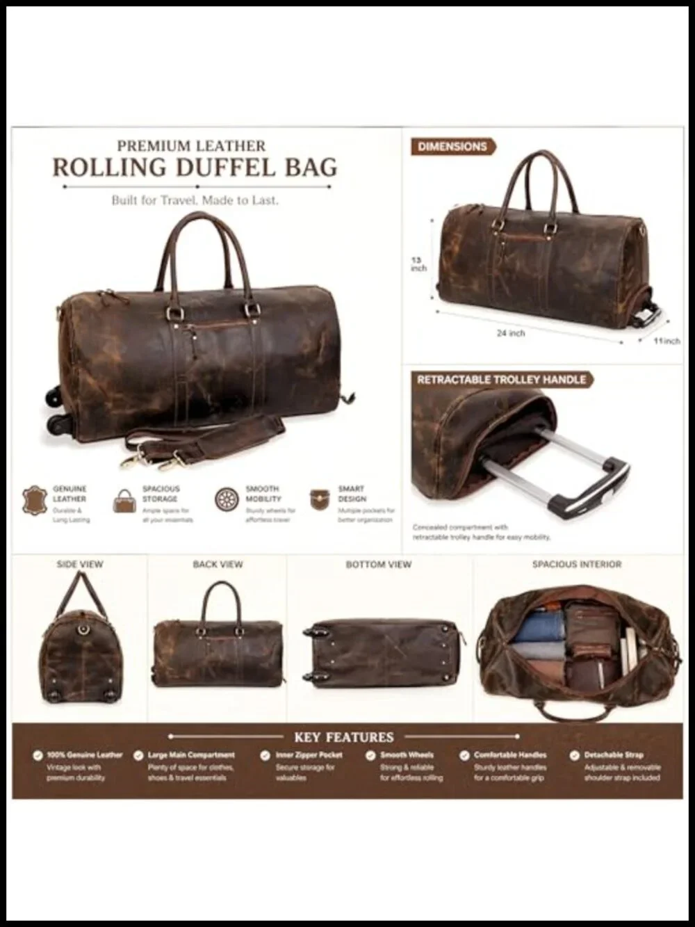 Vintage Leather Rolling Duffel Bag with Trolley Handle - Oversized Weekender